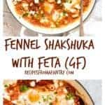 A simple and easy one pan fennel shakshuka with feta recipe, made entirely from pantry staples. Eggs cooked in a rich spiced tomato sauce. Recipesfromapantry.com #shakshuka #shakshukawithfeta #easyshakshuka #breakfastshakshuka #fetashakshuka
