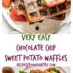 Super easy chocolate chip sweet potato waffles recipe with a Halloween twist your guests will love. See more at recipesfromapantry.com #sweetpotatowaffles #easysweetpotatowaffles #chocolatechipwaffles #sweetpotatochocolatechipwaffles #wafflerecipes
