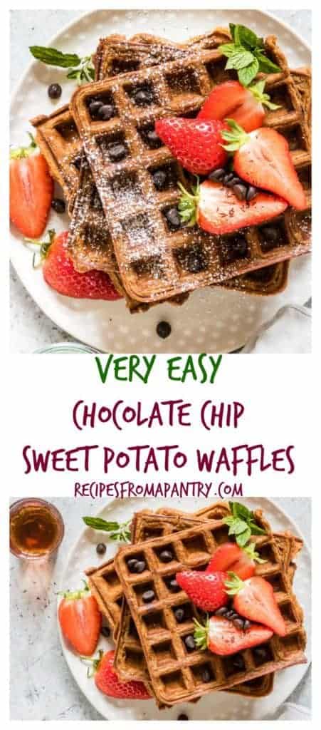 Super easy chocolate chip sweet potato waffles recipe with a Halloween twist your guests will love. See more at recipesfromapantry.com #sweetpotatowaffles #easysweetpotatowaffles #chocolatechipwaffles #sweetpotatochocolatechipwaffles #wafflerecipes