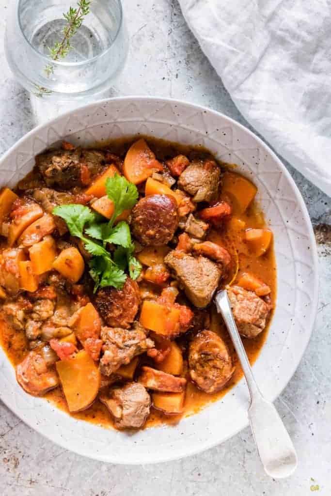 a bowl ingredient of venison crockpot venison stew from pantry staples. Comforting, filling and over-the-top delicious. recipesfromapantrycom #slowcookervenisonstew #venison #crockpot #stew #venisonstew #slowcooker