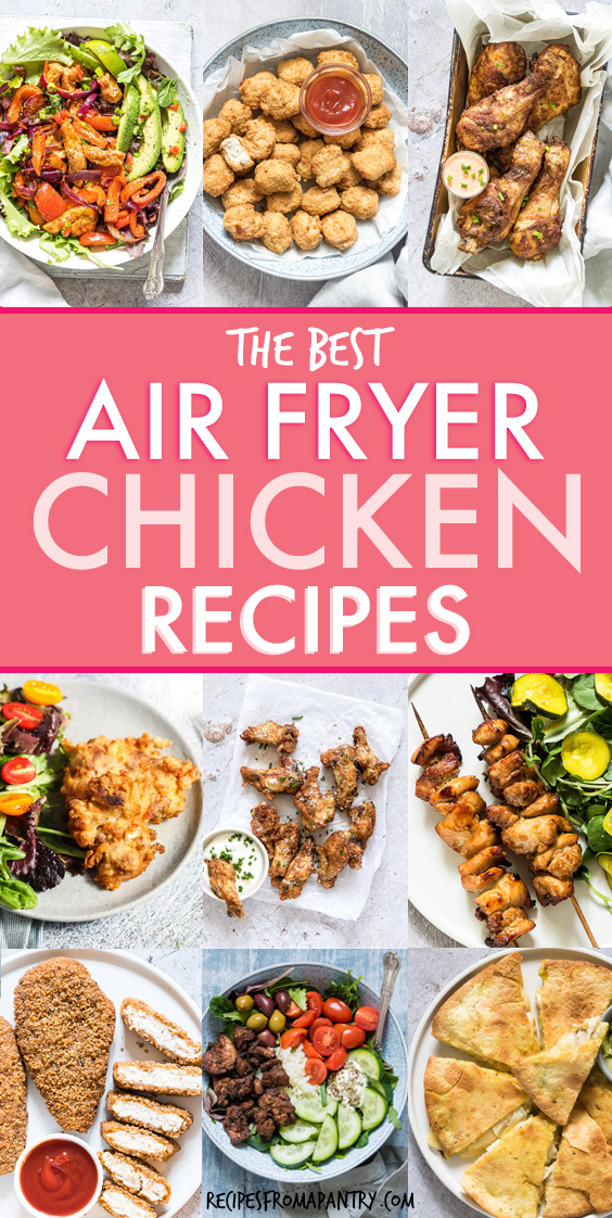 A collage of pictures of air fryer chicken dishes
