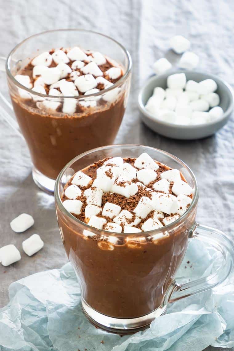 2 glasses of Instant Pot Hot chocolate with marshmallows