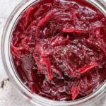 closeup of beetroot relish in clear bowl