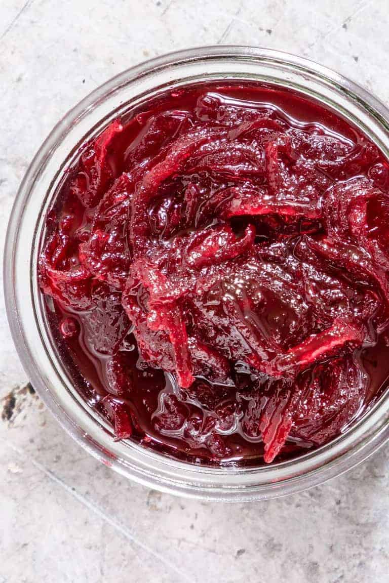 closeup of beetroot relish in clear bowl