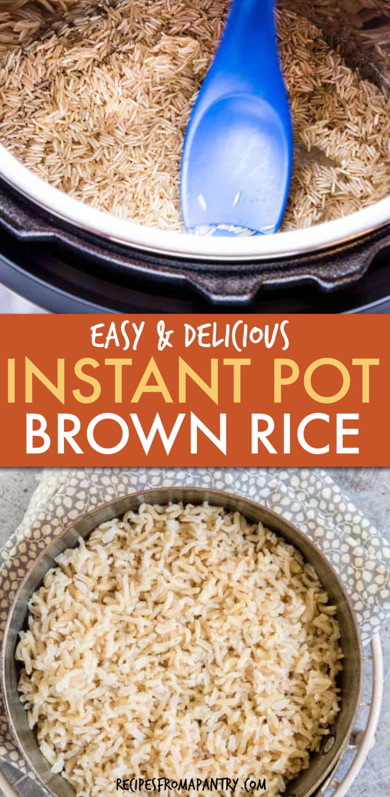 TWO PICTURES OF BROWN RICE IN AN INSTANT POT AND IN A BOWL