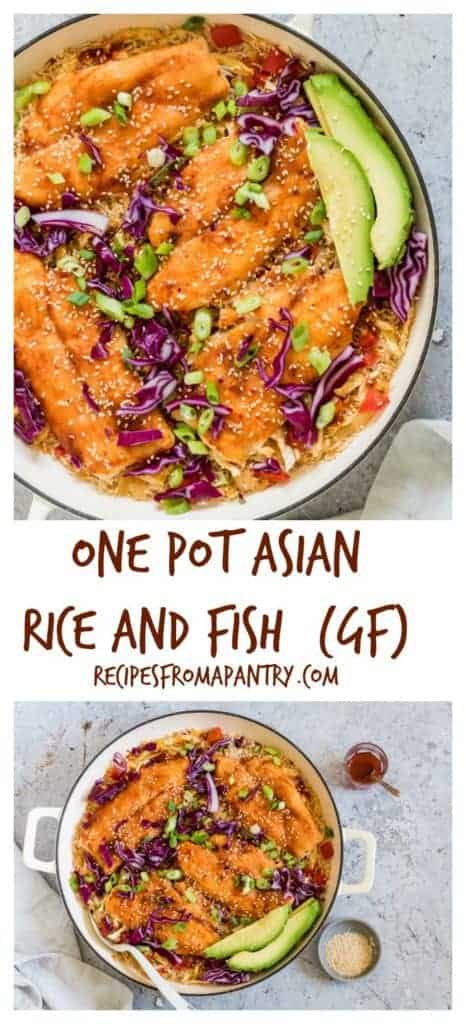 One Pot Asian Rice and Fish is an easy dinner recipe your whole family will love. It’s a tasty basa fish recipe with Asian BBQ sauce, rice, and vegetables. #onepotmeals #fishrecipe #basafish #asianrice #onepotdinner