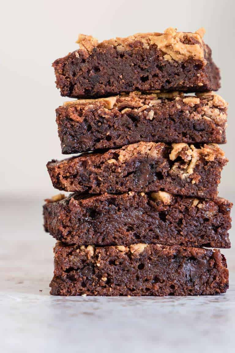 5 Banana brownies (vegan brownies) cut into 12 pieces stacked on top of each other