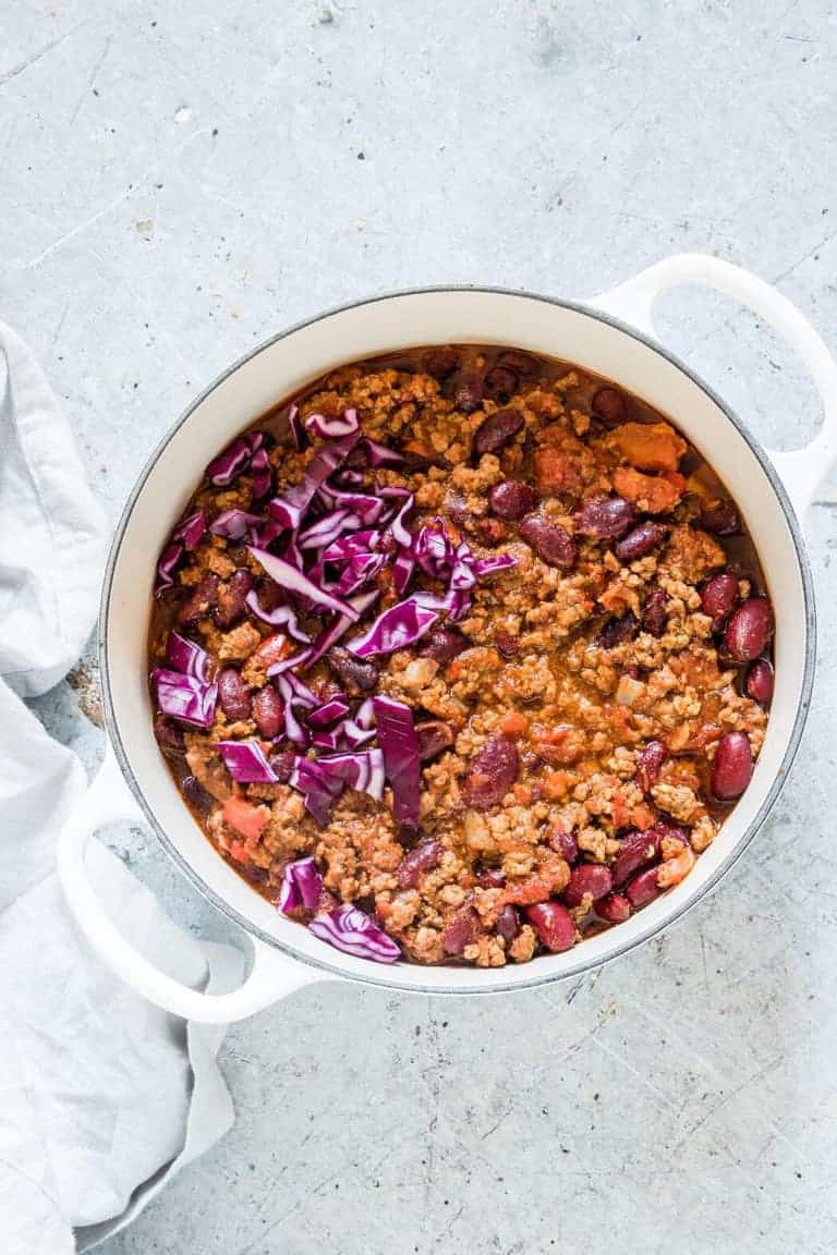 overhead view of instant pot chilli in a large pot