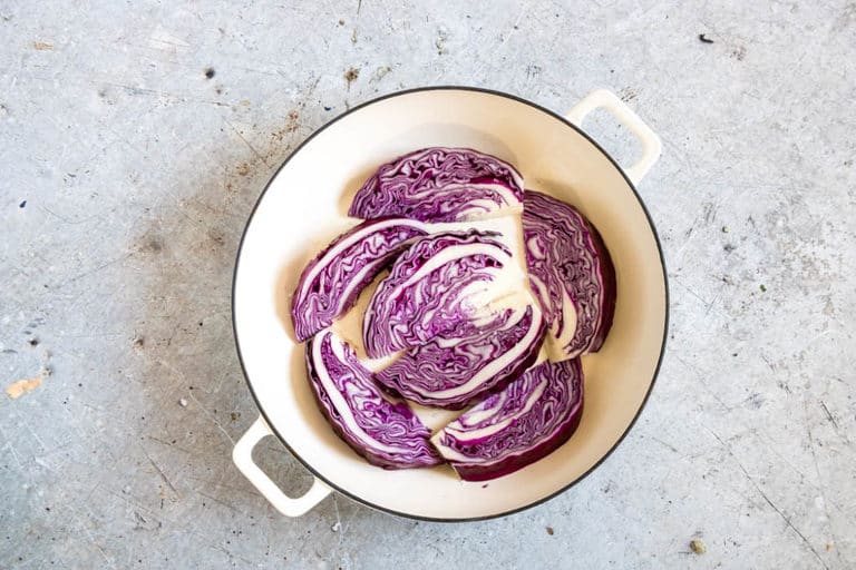  red cabbage wedges in a pot 