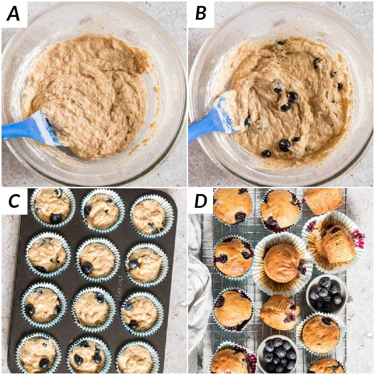 image collage showing the steps for making this vegan blueberry muffins recipe