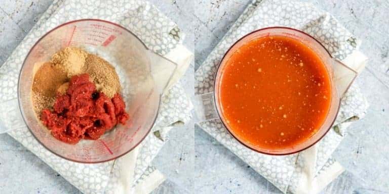 Collage of spiced tomato sauce for instant pot mexican rice