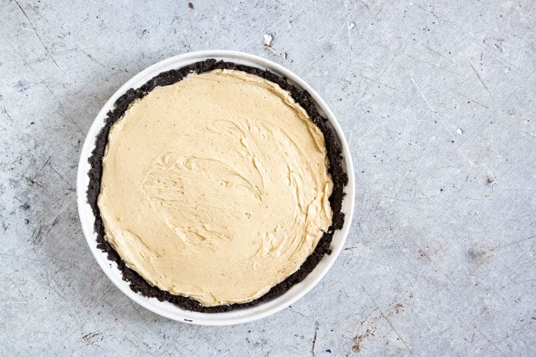 Peanut butter pie with an Oreo Crust in a dish