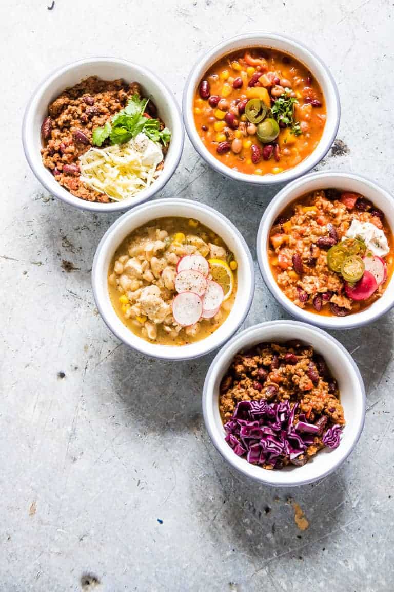 collage of five homemade chilli bowls with fresh chilli