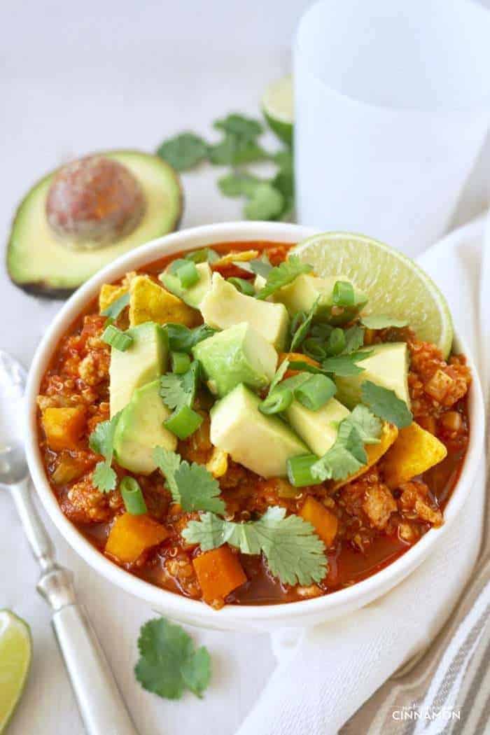 turkey and sweet potato homemade chilli in a white bowl