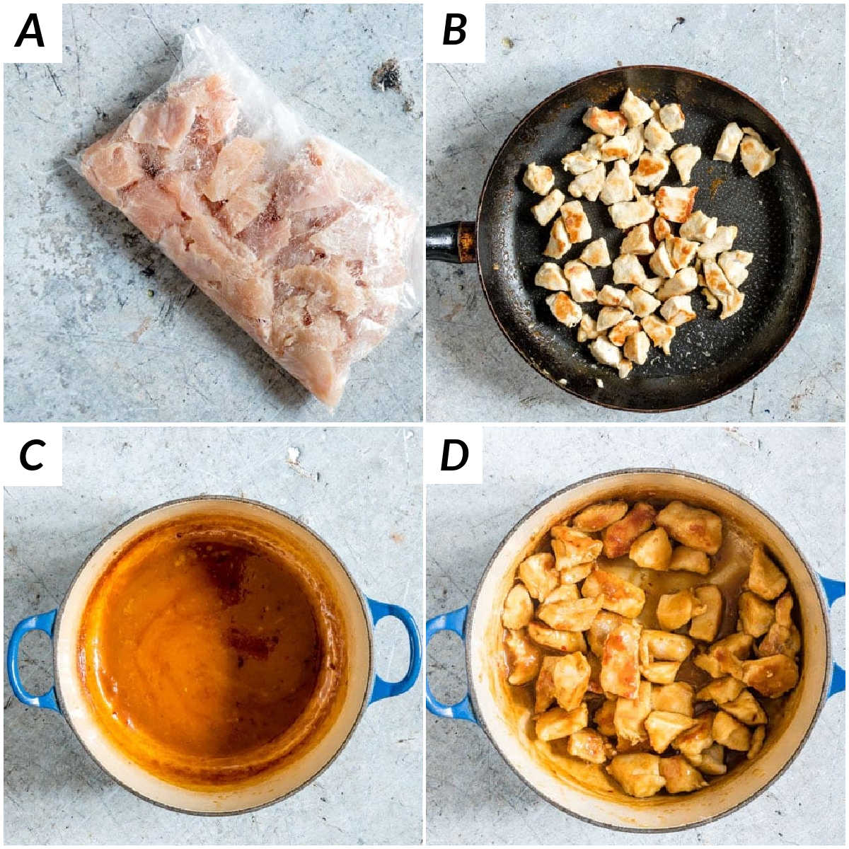 image collage showing the steps for making this stove top orange chicken recipe