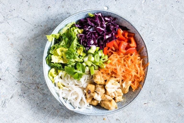 chinese chicken salad ingredients in a large serving bowl unmixed