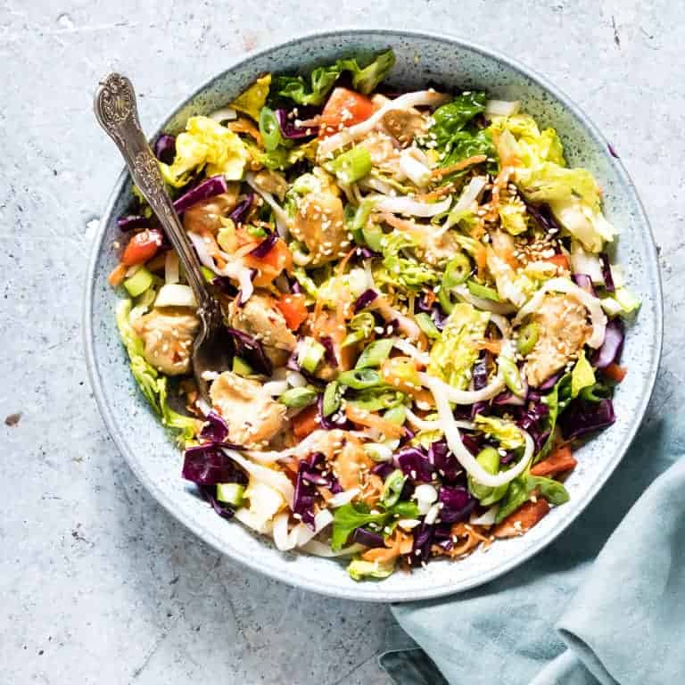 bowl of chinese chicken salad with a fork in the upper corner in salad