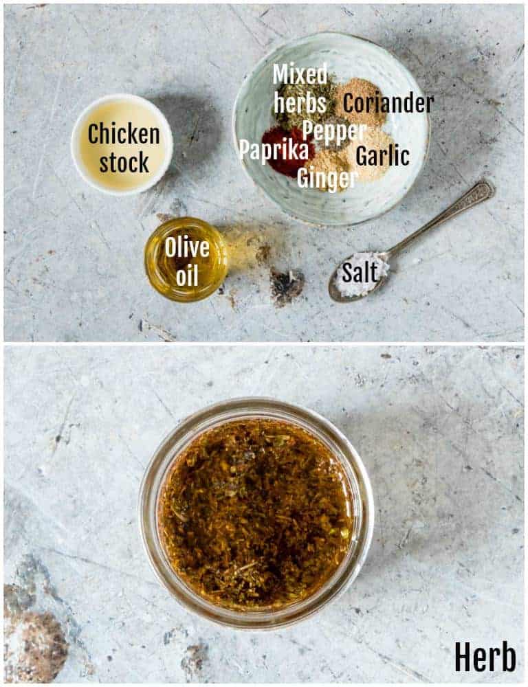 overhead view of herb chicken marinades with ingredients on top and jar marinade on bottom