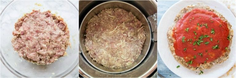 image collage showing the steps for making instant pot meatloaf