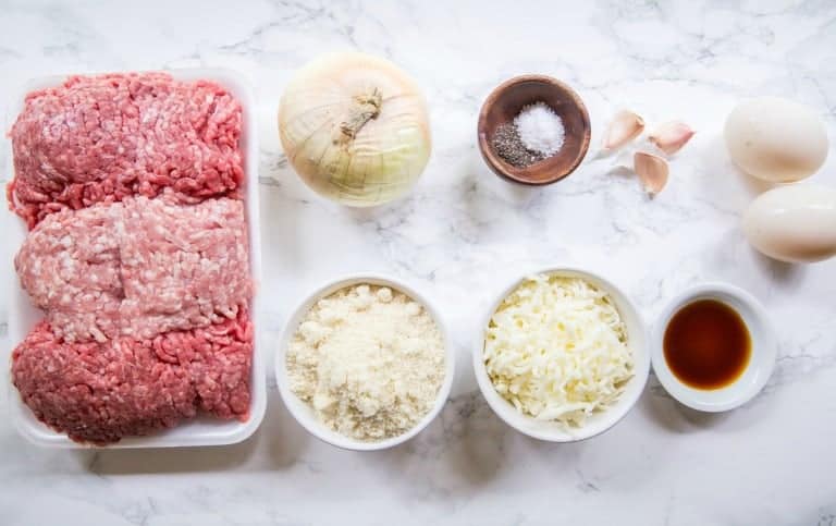 overhead view of counter with all instant pot meat loaf ingredients in bowls
