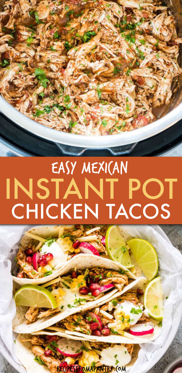 TWO PICTURES OF SHREDDED CHICKEN IN AN INSTANT POT AND TACOS ON A PLATE