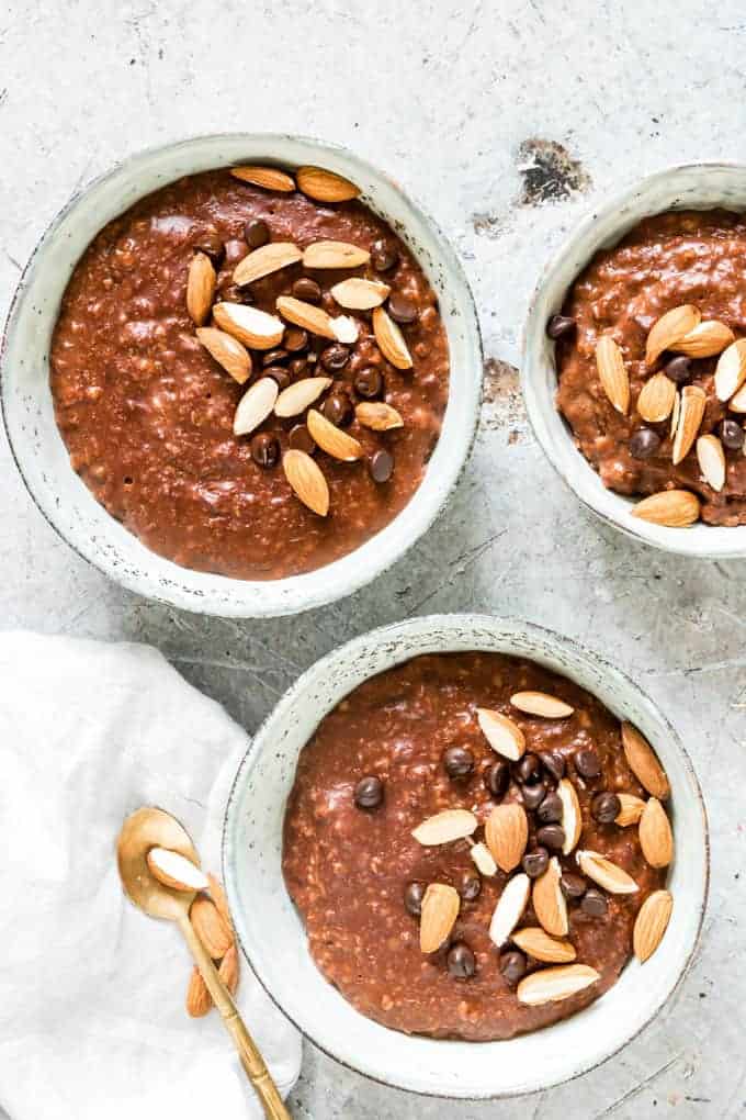 3 bowls of instant pot oatmeal with chocolate