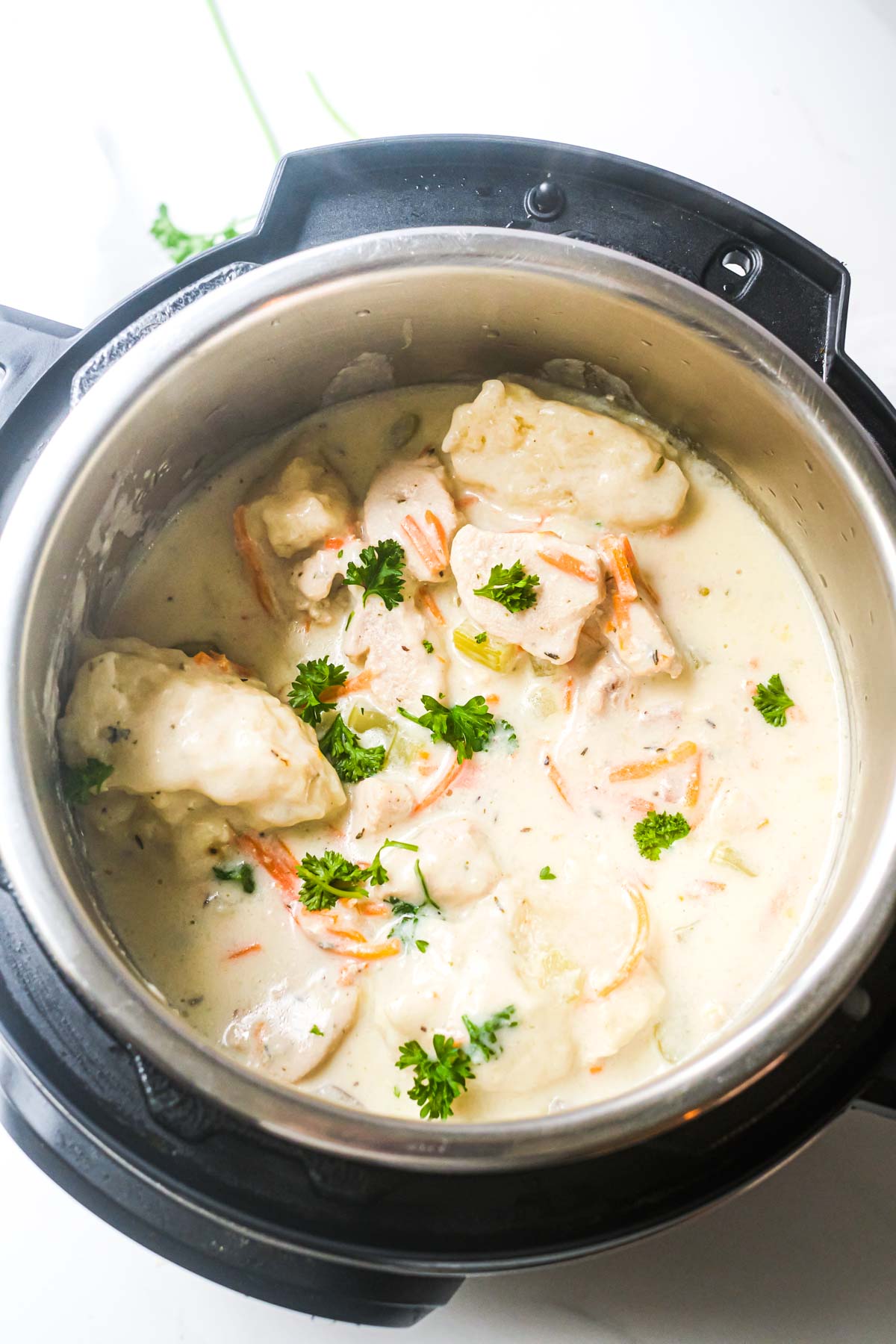 pressure cooker chicken and dumplings in a pressure cooker with some parsley for garnish