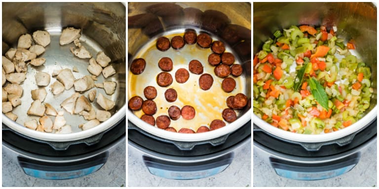 series of instant pot jambalaya cooking inside instant pot inner pot