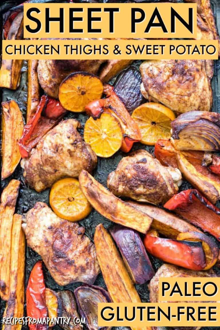 Sheet pan Baked Chicken Thighs and Sweet Potato on a table