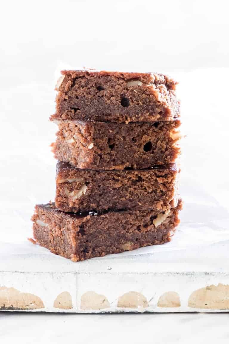 4 slices of Instant Pot Brownies on a table