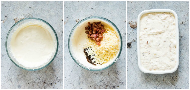 three step by step photos showing creation of cream cheese dip