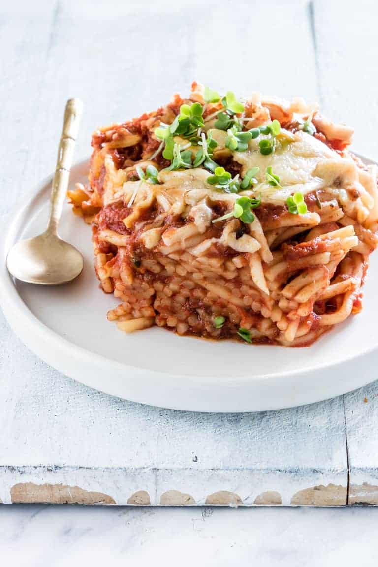 a bowl of crockpot spaghetti casserole