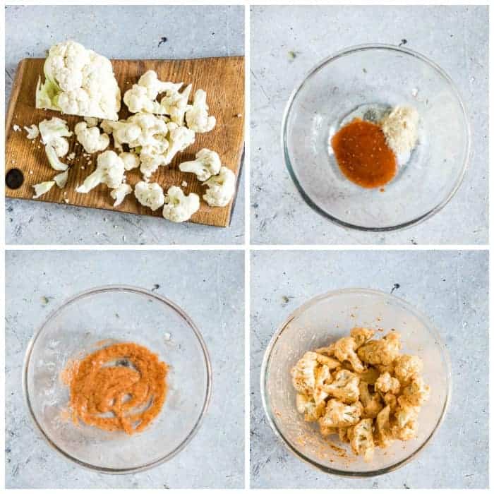 Collage showing how to make air fryer buffalo cauliflower wings