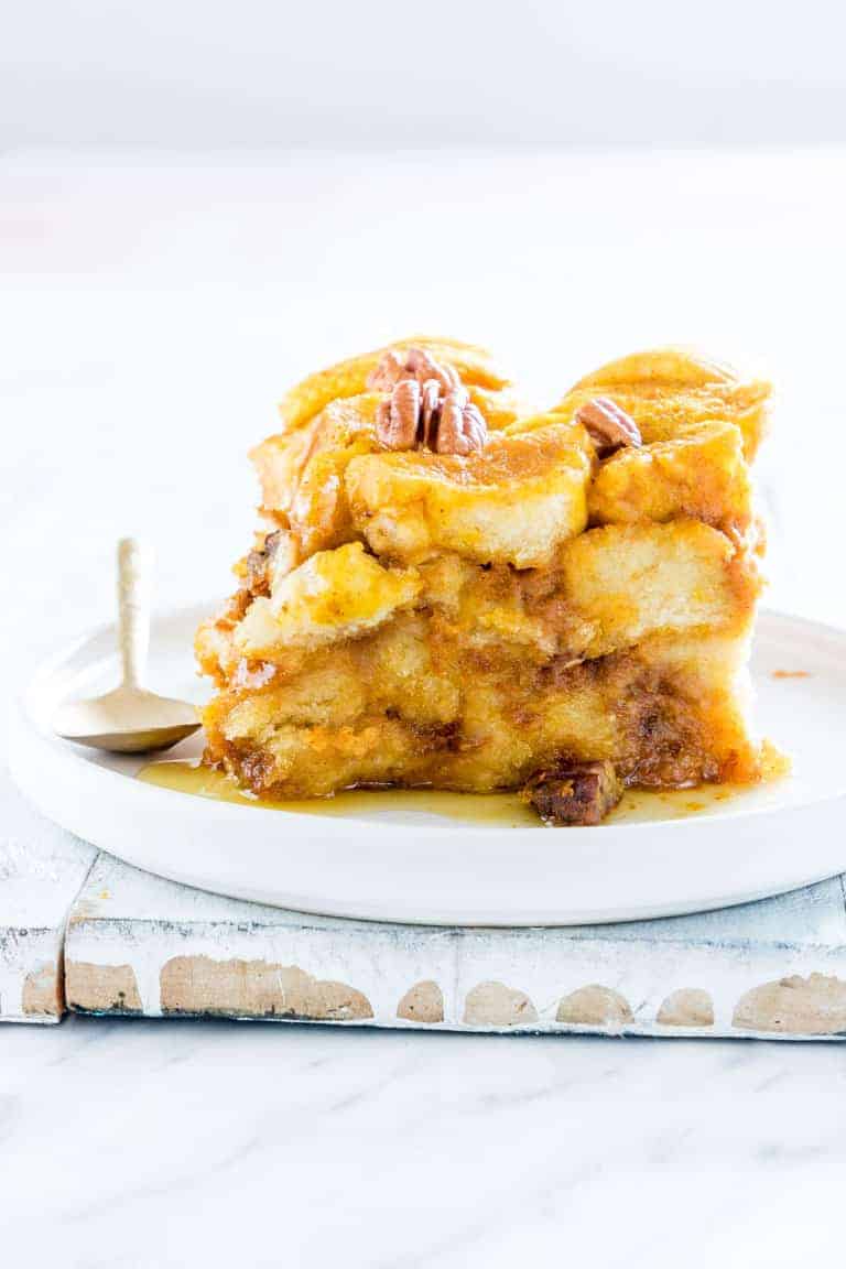 a plate of slow cooker bread pudding.