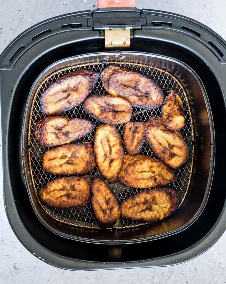 close up of fried plantains in the air fryer