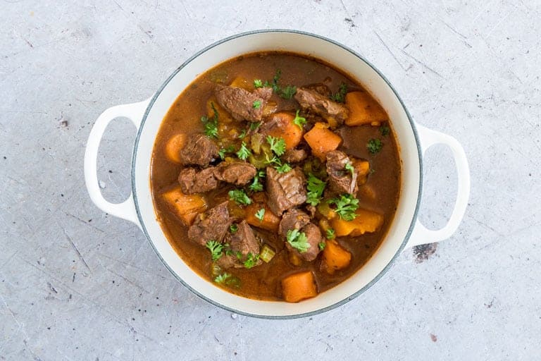 Horizontal image of cooked instant pot stew