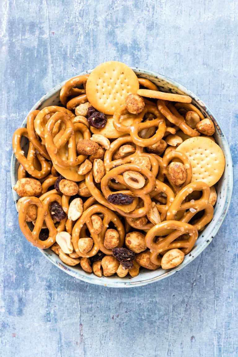 a bowl of cheese snack mix