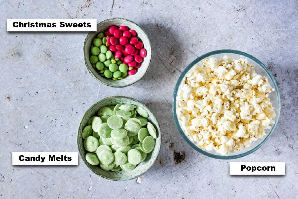 the ingredients needed to make Grinch Popcorn