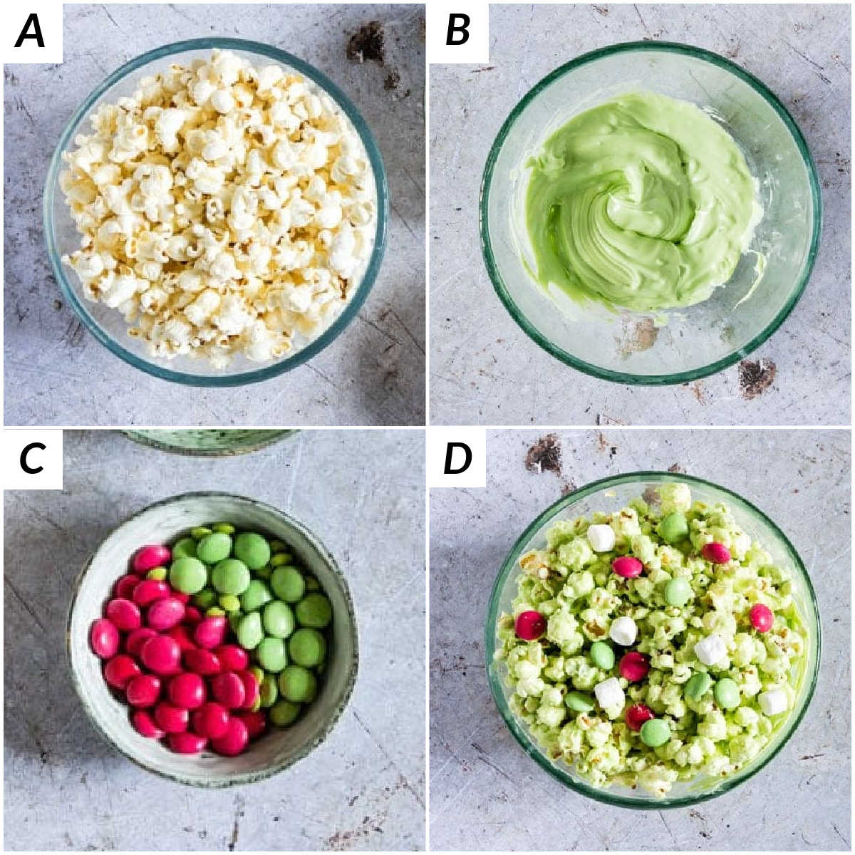 image collage showing some of the steps for making Grinch Popcorn