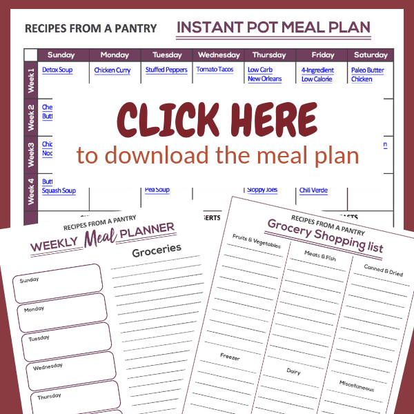 image collage showing downloadable Instant Pot Meal Plan Calendar, Grocery List and Meal Planner