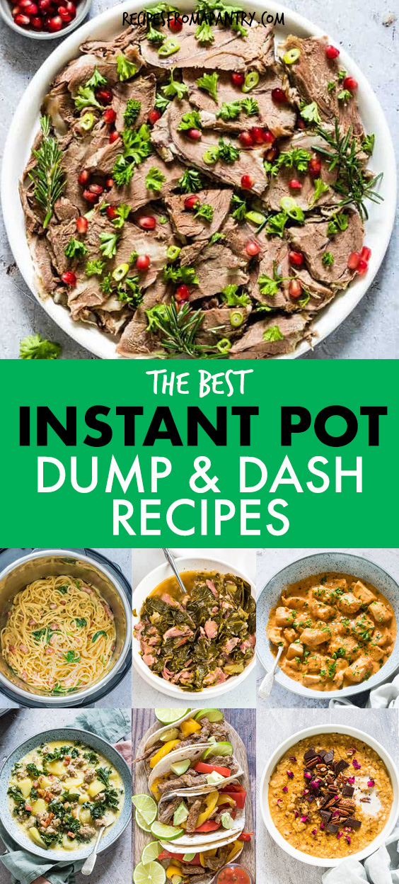 A COLLAGE OF IMAGES OF INSTANT POT DUMP AND DASH DISHES