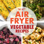 A collage of images of vegetables cooked in an air fryer