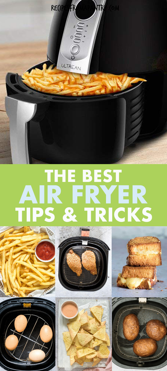 A COLLAGE OF PICTURES OF FOOD BEING PREPARED IN AN AIR FRYER