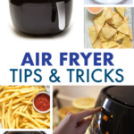 A COLLAGE OF IMAGES OF AN AIR FRYER AND FOOD COOKED IN THE AIR FRYER