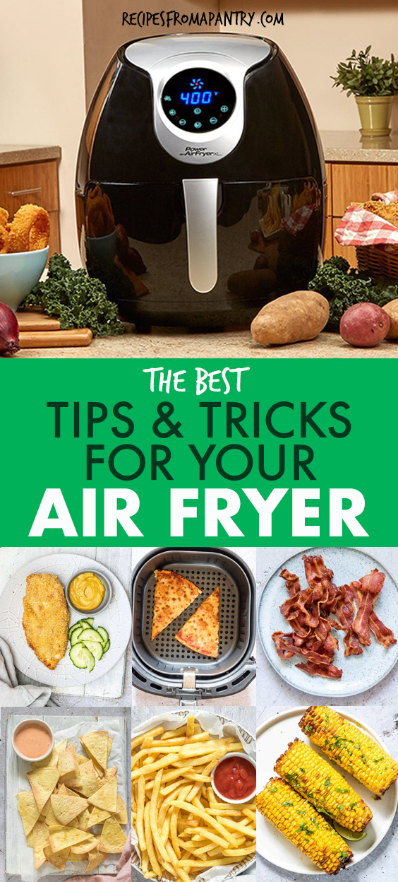 A COLLAGE OF IMAGES OF AN AIR FRYER AND FOOD COOKED IN THE AIR FRYER