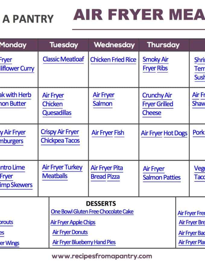 Air Fryer Meal Plan Calendar Printable