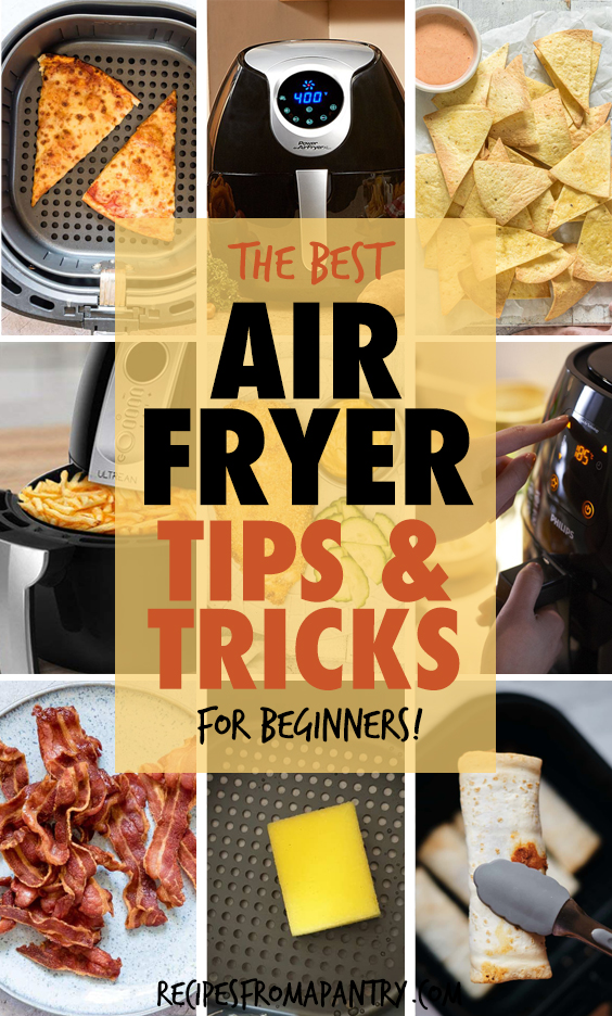 A collage of images of air fryers and food