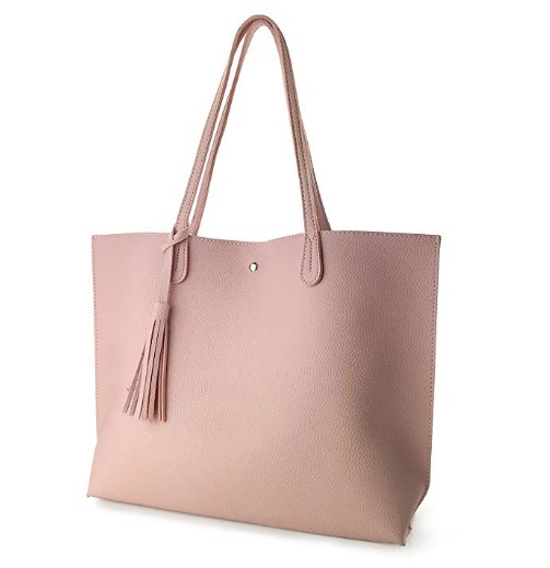 A pink faux leather handbag. 