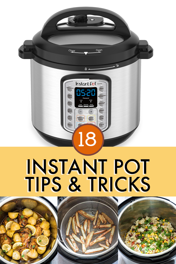 A COLLAGE OF IMAGES OF AN INSTANT POT AND FOOD COOKED IN IT.