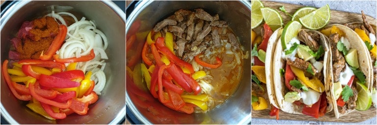 image collage showing the steps for making instant pot steak fajitas